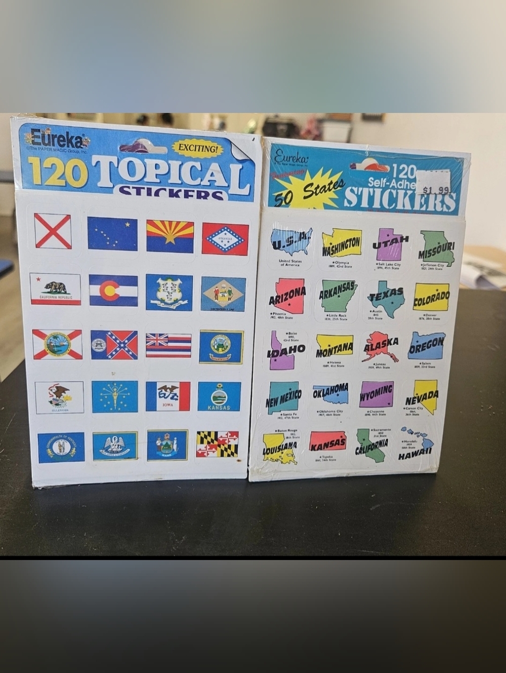 Eureka vintage UNITED STATES State shape & flag stickers Never opened